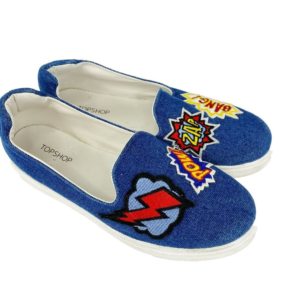Topshop Shoes Womens Size 7.5 Blue Denim Graphic Slip On Sneakers Comic Cartoon